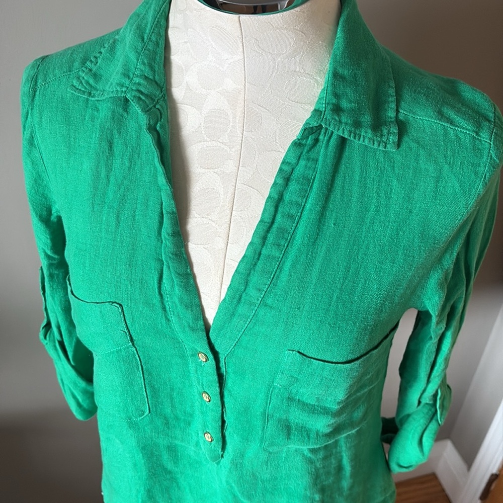 Zara Green Linen Button-Up Women's Shirt - Picture 5 of 12